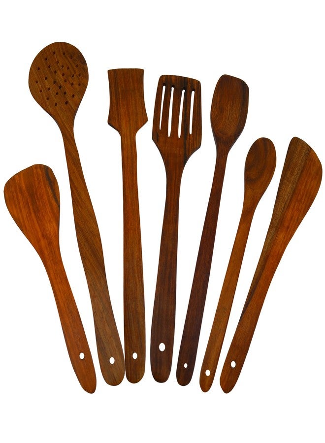 ITOS365 Handmade Wooden Non-Stick Serving and Cooking Spoon Set - Pack of 7 | Essential Wood Kitchen Tools & Utensil | Dining Table Serving Spoons & Spatula | Durable Cooking